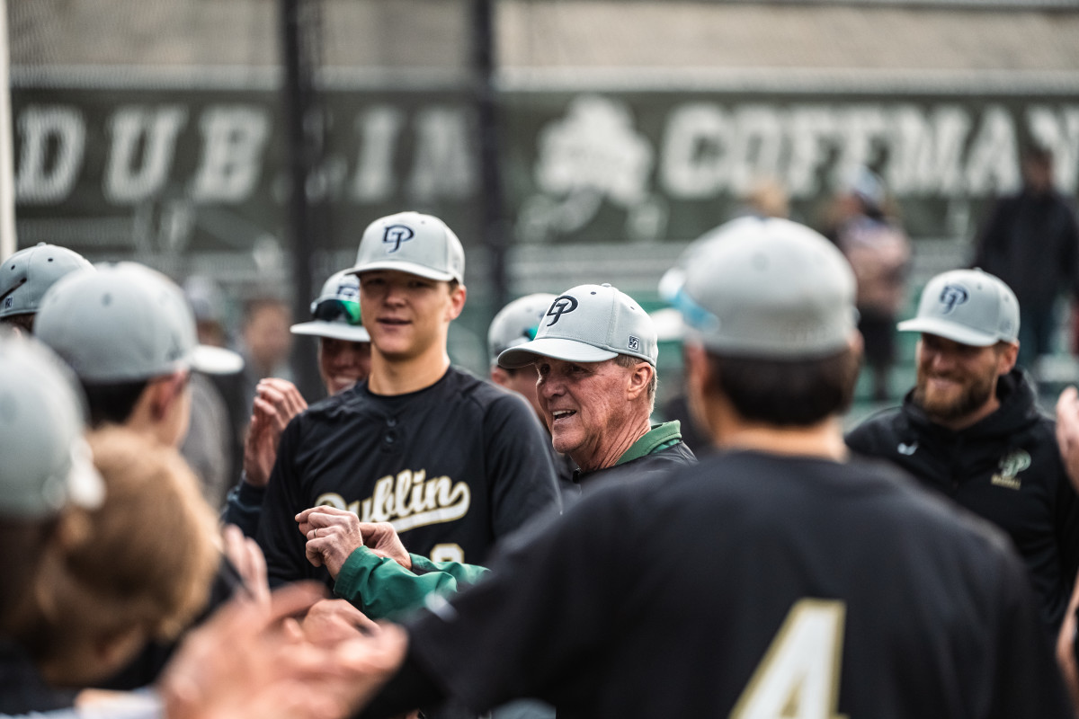 Dublin Jerome head baseball coach Tim Saunders talks to his team during a 2-1 win over Dublin Coffman on April 25. (Photo: Gabe Haferman)